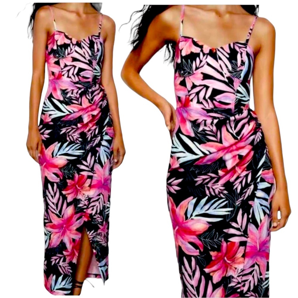 Zara tropical flower linen blend maxi faux wrap dress with corset top